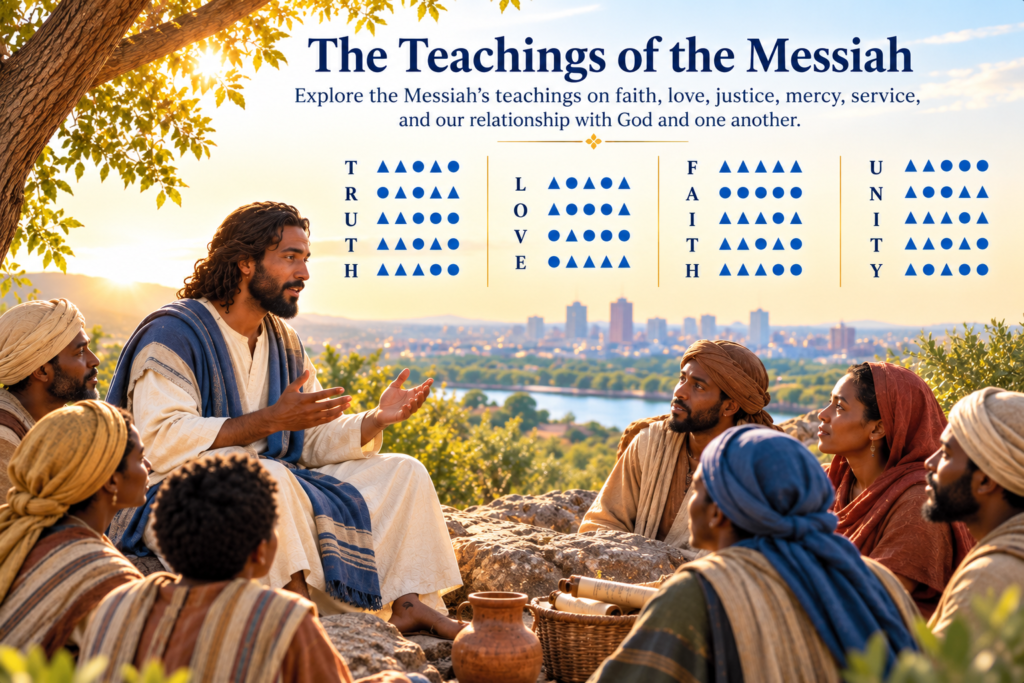 Jesus teaching a diverse group of followers, with Brand Nubian word blocks representing Truth, Love, Faith, and Unity.